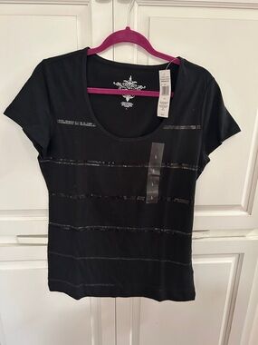 Tommy Hilfiger Black Short Sleeve Scoop Neck Tee with Sequin Stripe Detail